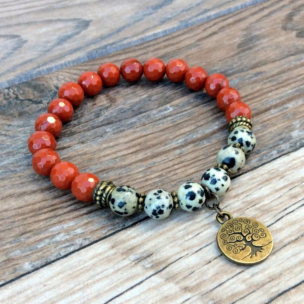 Red Jasper bracelet with Dalmatian Jasper - crystal healing, tree of life charm